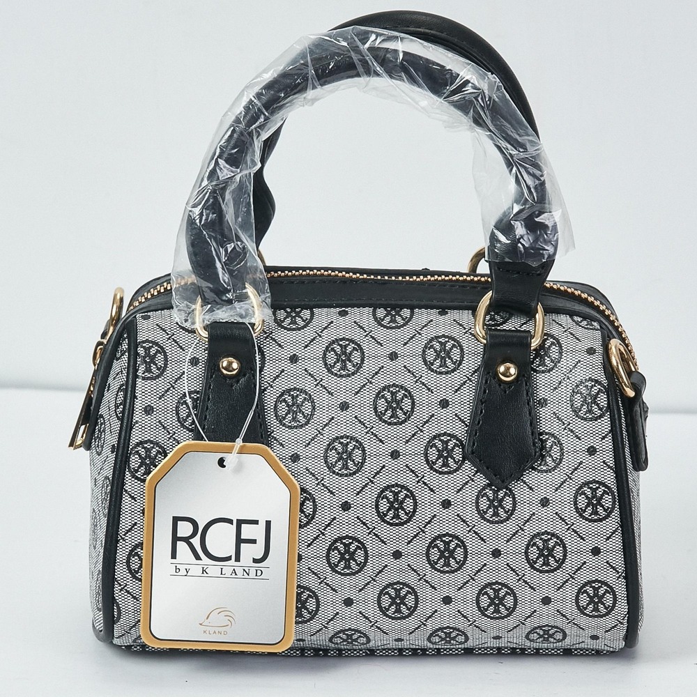 RCFJ by K Land Mini Top Handle Satchel Bag Womens Black White Monogram Purse New